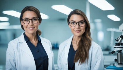 Wall Mural - Modern laboratory with team of medical specialists and beautiful young woman scientist in white coat and glasses copyspace