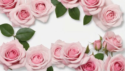 Close up of blooming pink roses flowers and petals on white table background - decorative web banner, floral frame composition, empty space, flat lay, top view