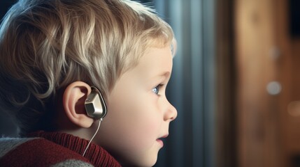 close up portrait of a blond little child with a hearing impairment. the boy receives his first hear