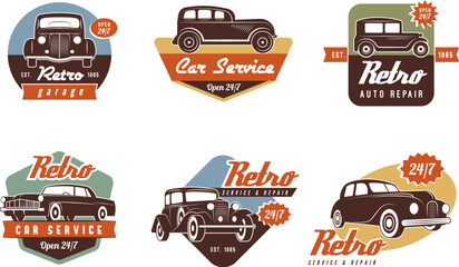Wall Mural - car repair badges. classic labels auto wash and repair recent vector cartoon template with place for