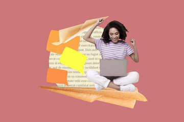 Sticker - Artwork collage of mini excited girl sit huge paper plane use netbook raise fists dialogue bubble book page text isolated on pink background