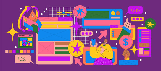 Retro online business and finance notification tab frames. Cartoon illustration of 90s style PC web page. Old computer style.