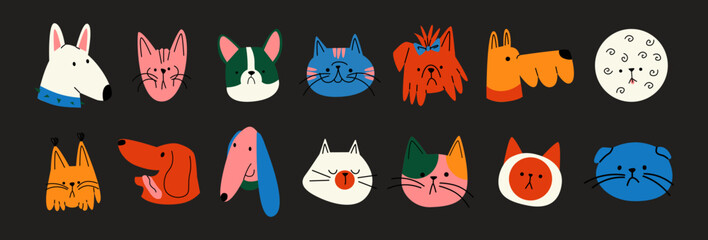 Cartoon retro animal pets heads. Dogs and cats in doodle groovy style. Set of icon avatars