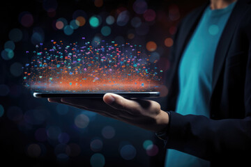 Wall Mural - Person is holding tablet with vibrant display of colorful dots bursting out of it. Technology, creativity, innovation, or concept of ideas and information flowing out from digital devices.