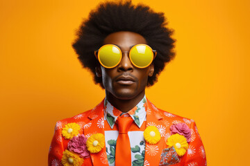 Picture of man wearing vibrant suit and sunglasses. This image can be used to represent fashion, style, confidence, or unique personality.