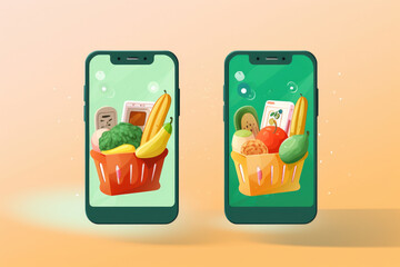 Wall Mural - Picture of couple of cell phones with food on them. Perfect for illustrating integration of technology and food in modern society.