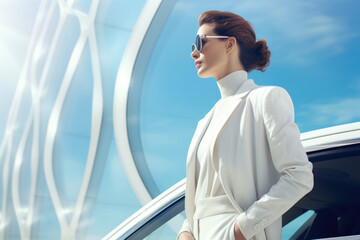 Poster - Woman dressed in white suit and sunglasses stands confidently next to car. This image can be used to represent elegance, style, and power.