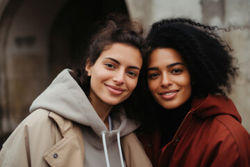 Poster - Two women standing side by side in front of building. This image can be used to represent friendship, teamwork, or professional collaboration.