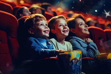 Poster - Group of children sitting in movie theater. Perfect for illustrating joy of watching movies with friends.