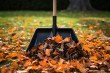 Pile Of Leaves With Shovel In It. Can Be Used To Depict Autumn Clean-up Or Gardening Activities.