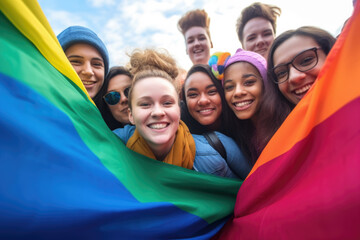 Wall Mural - Group of people holding rainbow flag. Suitable for LGBTQ events and pride celebrations.