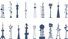 Isolated Antenna Tower Silhouettes, 5g Cell And Gsm Signal Equipment. Communication Internet Towers, Telecom Or Radio Flat Recent Vector Icons