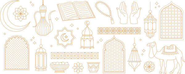 Arabic muslim element gold line. East arch, holiday ornate elements design. Vintage arab decorative frames, islam logo racy vector collection