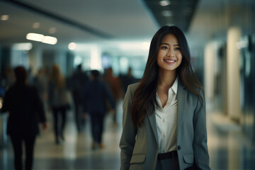 Wall Mural - Professional woman wearing business suit standing in hallway. This image can be used to represent professionalism, corporate environment, or office settings.