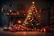 © Haseeb - interior christmas. magic glowing tree, fireplace, gifts in dark