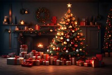 Interior Christmas. Magic Glowing Tree, Fireplace, Gifts In Dark