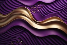 A Wavy 3D Fabric Background With Gold And Purple Floral Applications.