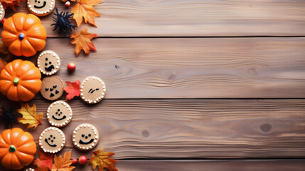 Wall Mural - Homemade cookies, Halloween pumpkins with spiders and autumn leaves lie on the left on a light brown wooden table with copy space for your text on the right, flat lay close-up.