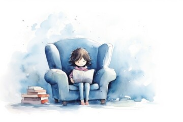 Poster - watercolor illustration of a girl sitting in a chair reading a book, ai