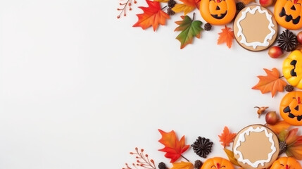 Wall Mural - Festive bright Halloween pumpkin cookies with autumn twigs and leaves lie in an oval frame on the right on a white wooden table with copy space on the left, flat lay close-up.