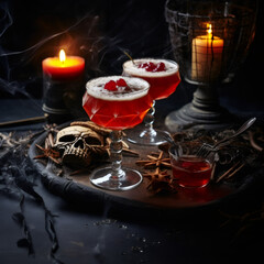 Wall Mural - Two vintage glasses with a red poisonous drink stand on a wooden plate with a burning candle and a skeleton skull on the table in a dark room, side view close-up.