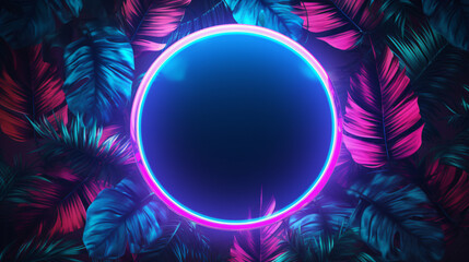Wall Mural - blue and pink neon light circle in front of colorful jungle background