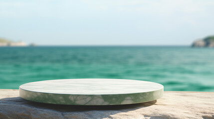 Wall Mural - Round marble platform on ocean sunset background