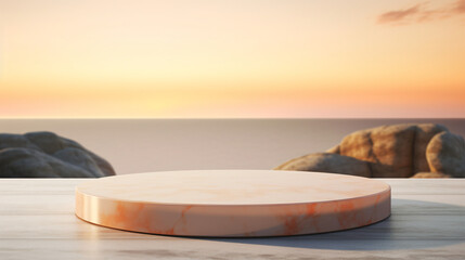 Wall Mural - round marble platform on ocean sunset background