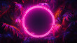 Pink circles neon light, tropical jungle floral background