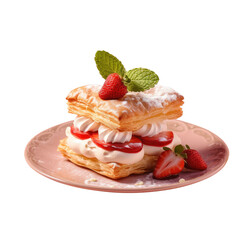 Wall Mural - Puff pastry dessert with cream and strawberries on transparent background