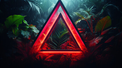 Wall Mural - Black and red triangle neon light, tropical jungle floral background