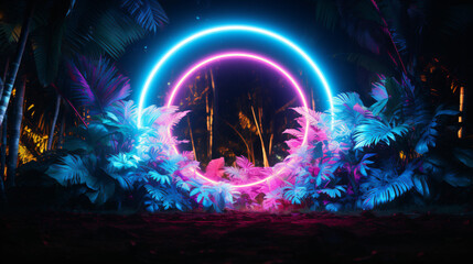 Canvas Print - Blue and pink circles neon light, tropical jungle floral background