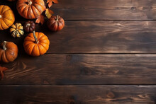 Autumn Side Border Of Pumpkins Top View On Dark Wooden Background. Flat Lay Composition With Copy Space. Concept Of Thanksgiving Day Or Halloween.