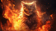Illustration angry cat with red eyes in flames background