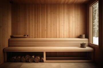 An empty wooden sauna in warm tones.