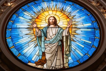 Stained glass of jesus christ savior of the world.