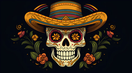 Wall Mural - Illustrations of Mexican skulls decorated with makeup, tattoos and flowers. Skulls decorated with flowers for Halloween and the day of the dead.