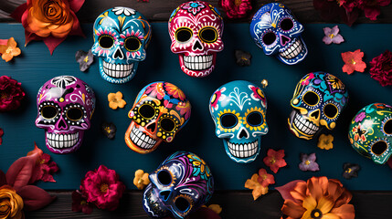 Backgrounds of original, colorful Mexican skulls with flowers. Backgrounds of Mexican skulls decorated for Halloween and the Day of the Dead.