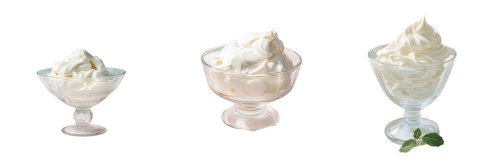 Canvas Print - Png Set White ice cream in a glass bowl with white cloth transparent background