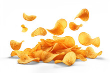 Potato Chips Falling To The Ground. Manual Cut Out On Transparent