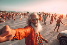 A Old Grey Hair Hippie Grandpa With Long White Beard Dancing On A Summer Beach Party In A Colorful Dress, Wearing Sunglasses And Colorful Hawaii Shit Dancing With People, Generative Ai  