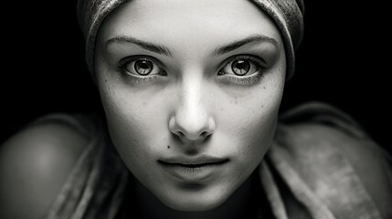 Wall Mural - poignant shot captures young woman undergoing chemotherapy for ovarian cancer. Her determined eyes and faint smile hide the pain, yet reveal story of unparalleled courage and defiance