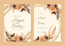 Orange And Brown Rose Modern Wedding Invitation Rustic Boho Watercolor Template With Floral And Flower