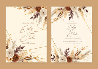 Fototapete - Beige and brown peomy modern wedding invitation rustic boho watercolor template with floral and flower