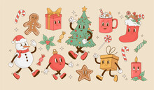 Collection Of Christmas And New Year Characters In Retro Style. Christmas Tree, Gift Box, Latte, Candy, Gingerbread, Snowman, Ball Cartoon Mascot Vector Illustration. Nostalgia 70s, 80s, 60s