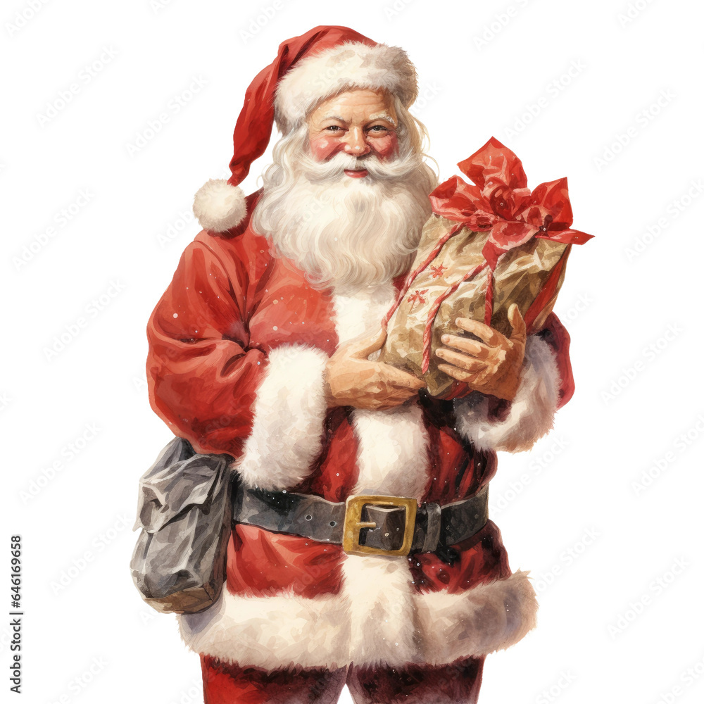 a jolly santa claus holding a sack of gifts isolated on a transparent ...