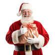 a jolly santa claus holding a sack of gifts isolated on a transparent background, generative ai