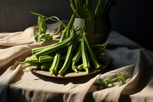 Fresh Green Okra, Organic Vegetable, Asian Food Ingredients