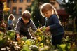 Children harvesting brussels sprouts.