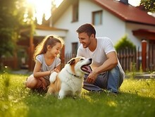 Smiling Father, Mother And Son Pet And Play With Smooth Fox Terrier Retriever Dog. Sun Shines On Idyllic Happy Family With Loyal Pedigree Dog Have Fun At The Idyllic Suburban House Bac : Generative AI